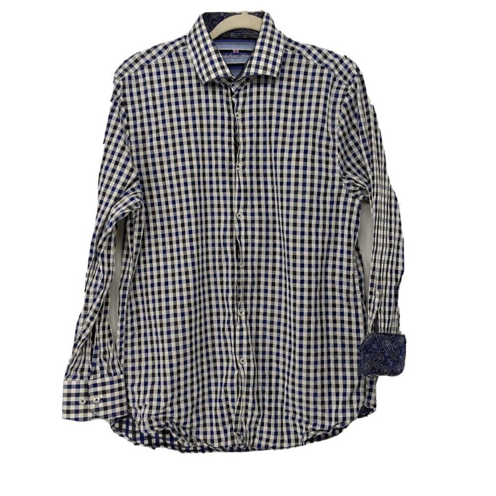 Michelsons London Button Shirt Mens Large Flip Cuff Paisley Blue Check Plaid